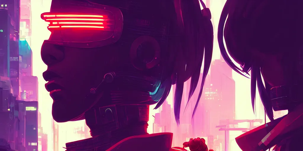 Image similar to digital illustration closeup portrait of cyberpunk samurai in city street at night by makoto shinkai, ilya kuvshinov, lois van baarle, rossdraws, basquiat | afrofuturism, in the style of hearthstone, trending on artstation | cool color scheme