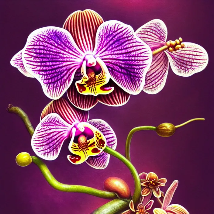 Image similar to extremely psychedelic macro orchid and cherry blossom and musroom, DoF, LSD, diffuse lighting, fantasy, intricate, elegant, highly detailed, lifelike, photorealistic, digital painting, artstation, illustration, concept art, smooth, sharp focus, art by John Collier and Albert Aublet and Krenz Cushart and Artem Demura and Alphonse Mucha