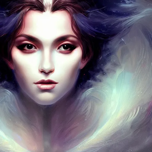 Image similar to head and shoulders portrait of an angelic creature, dark fantasy, mystic, abstract background, feminine beauty, elegant, intricate, face, medium shot, trending on artstation, volumetric light, by Fernanda Suarez and Karol Bak