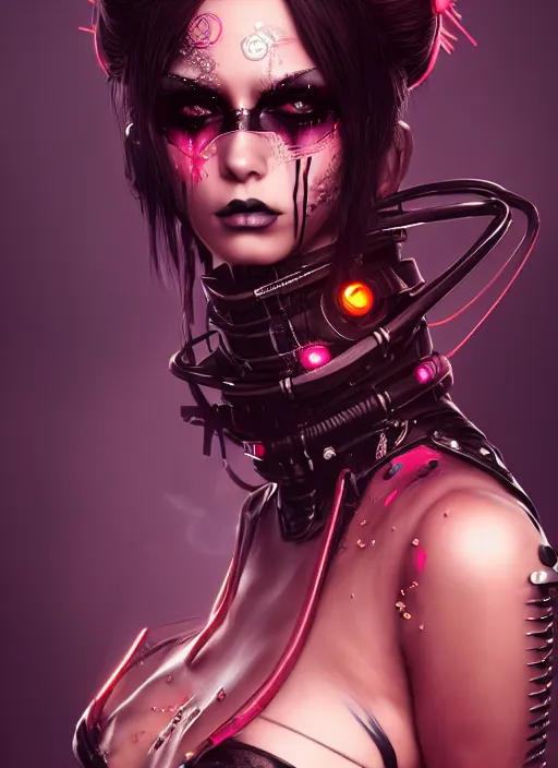 Image similar to soft seductive ebony geisha raver gutter punk gothic cyborg, golden ratio, details, scifi, fantasy, cyberpunk city, intricate, decadent, highly detailed, octane render, digital painting, artstation, concept art, sharp focus, illustration, art by artgerm, loish, wlop