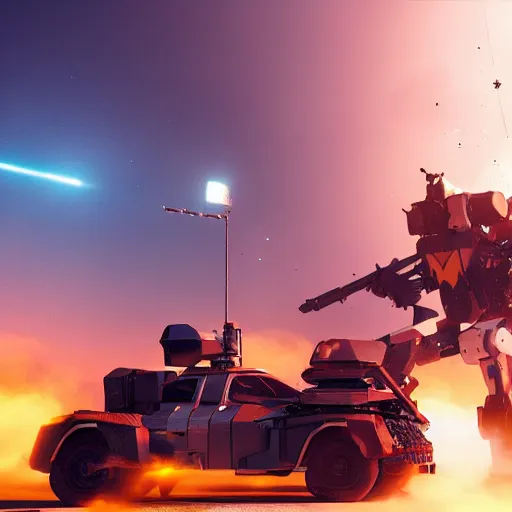 Image similar to Giant police mech fires rockets at fleeing car, color, cinematic lighting, highly detailed, octane render