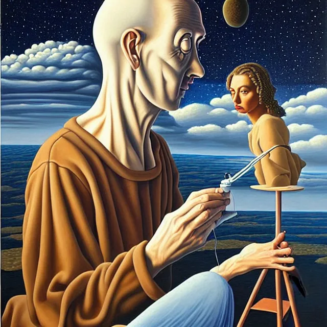Image similar to an oil on canvas portrait of a man painting a portrait of a beautiful woman, surrealism, surrealist, cosmic horror, rob gonsalves, high detail
