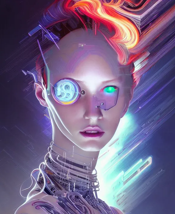 Image similar to a whirlwind of souls rushing inside the metaverse, hologram, half body, neurochip, shaved temple, piercing, jewelry, android, cyborg, cyberpunk face, by loish, d & d, fantasy, intricate, elegant, highly detailed, colorful, digital painting, artstation, concept art, art by artgerm and greg rutkowski and alphonse mucha