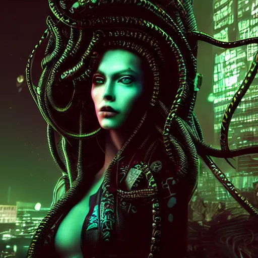 Prompt: Cyberpunk medusa, dark atmosphere, cinematic shot, intricate, ornate, photorealistic, ultra detailed, realistic, 35mm, photography, neon, octane, high definition, depth of field, bokeh, 8k, artstation