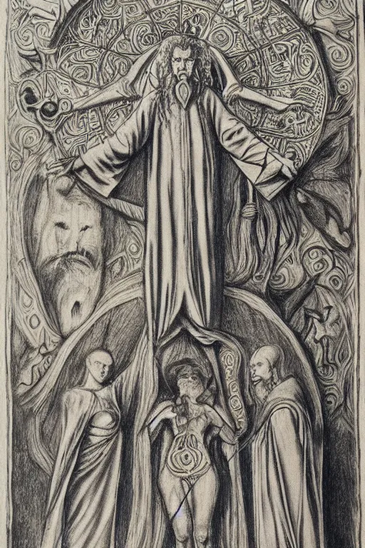 Prompt: realistic medieval etching of ceremonial magick, high detail, elaborate composition, quality draughtmanship, detailed faces. by austin osman spare, occult art, alchemical diagram