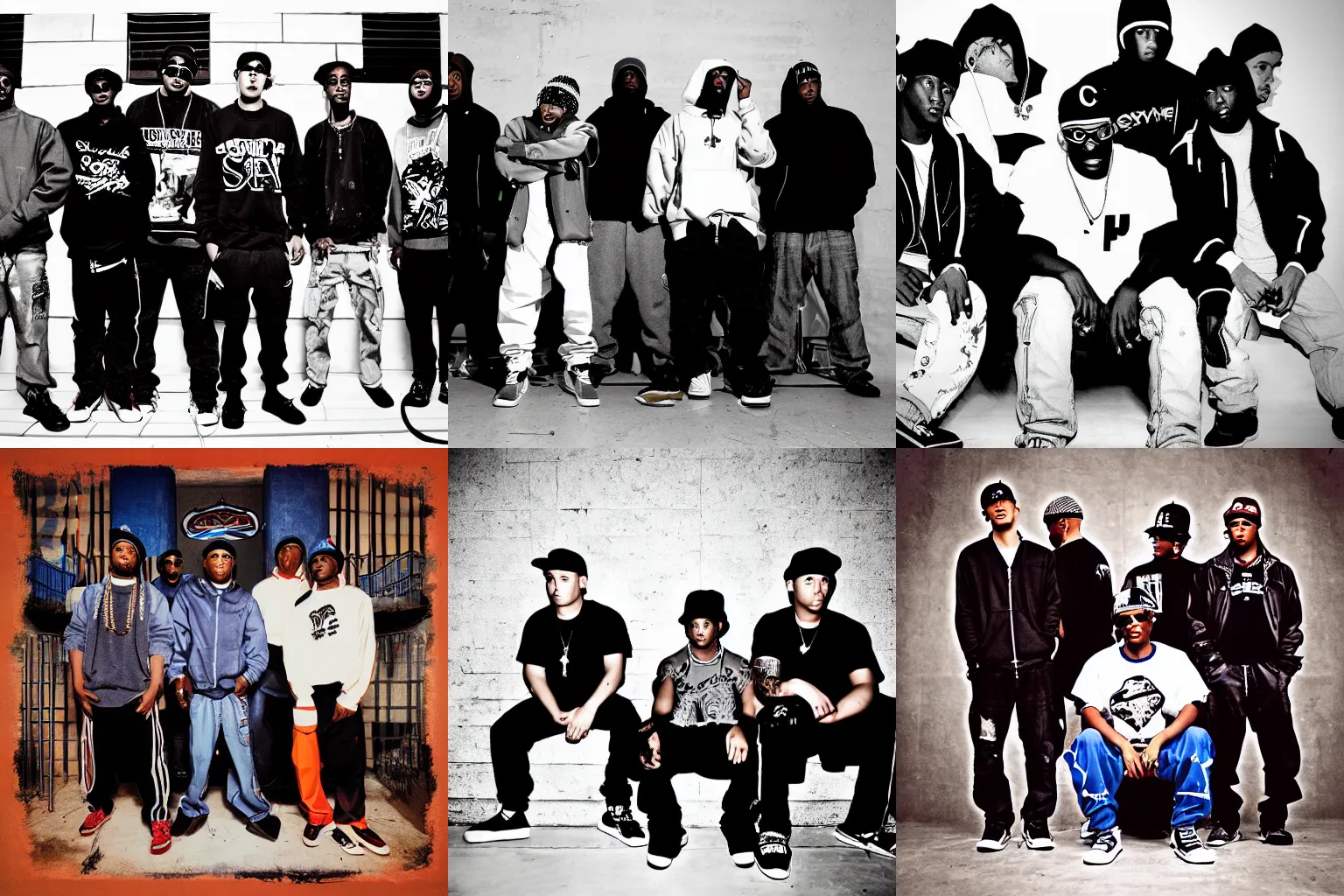 Prompt: 2007 cg society severe style blueprint movie still hip-hop studio photography gangsters rapcore by amily Circus The a group of young men standing next to each other an album cover