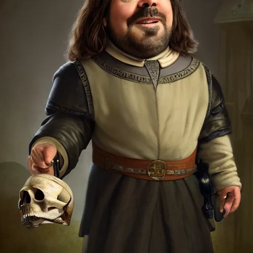 Image similar to a portrait of matt berry as a medieval doctor holding a skull, pixar, dark fantasy