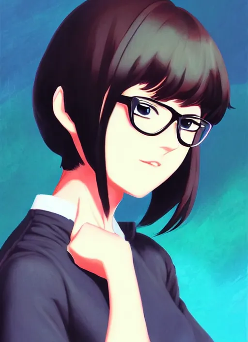 Prompt: Painting of Velma Dinkley, anime style, winged eyelashes, urban, calm, fantasy character portrait, dark outlines, dynamic pose, above view, sunny day, artwork by Makoto Shinkai, very coherent asymmetrical artwork, sharp edges, perfect face, simple form, 100mm