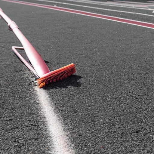 Prompt: a photo of a track runner tripping over a broom someone left on the track