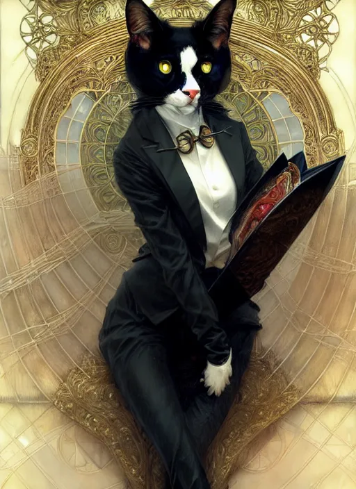 Prompt: tuxedo cat taking shelter from the rain, fantasy, intricate, elegant, hyper detailed, ultra definition, photoreal, artstation, unreal engine rendered, concept art, smooth, sharp focus, illustration, art by artgerm and greg rutkowski and alphonse mucha and garis edelweiss