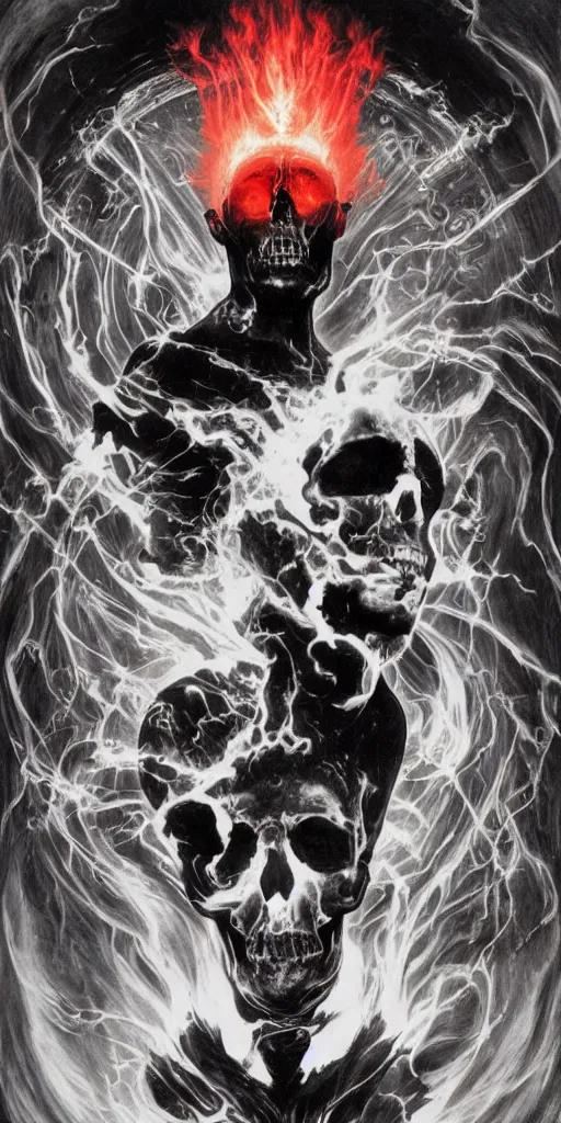 Image similar to intense glowing black metal pagan god with horn and intense black eyes with a skull on fire in very dark nebula by artgerm and alphonse mucha and beksinski, portrait, fantasy, clear, fire, light beams, lens flare, soft, uhd, amazing depth, cinematic lighting, black and red and white and yellow