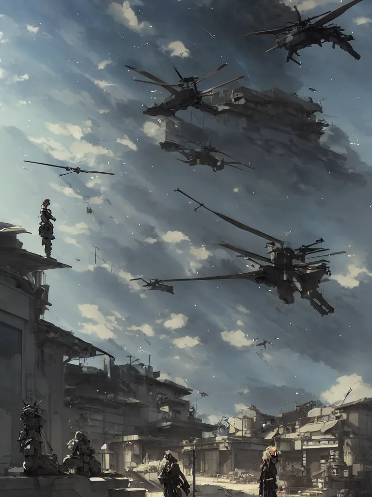 Image similar to Epic scene of a beautiful anime soldier standing in front of a cyborg repair shop, while a futuristic military helicopter flies overhead, by Greg Rutkowski and Krenz Cushart and Pan_Ren_Wei and Hongkun_st and Bo Chen and Enze Fu and WLOP and Alex Chow, Madhouse Inc., anime style, crepuscular rays, set in rainy futuristic cyberpunk Tokyo street, dapped light, dark fantasy, cgsociety, trending on artstation