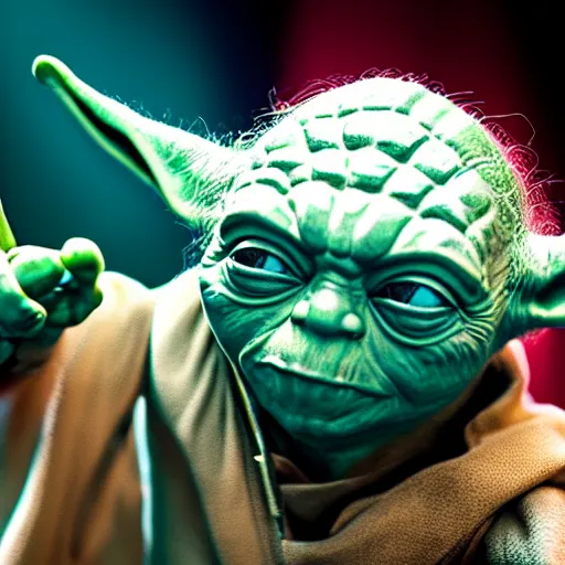 Image similar to Yoda at a rave, highly detailed, high quality, HD, 4k, 8k, Canon 300mm, professional photographer, 40mp, lifelike, top-rated, award winning, realistic, sharp, no blur, edited, corrected, trending