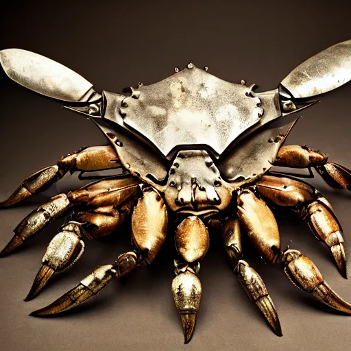 Prompt: a crab wearing medieval steel armor with iron claws, rivets, industrial, metal, studio lighting