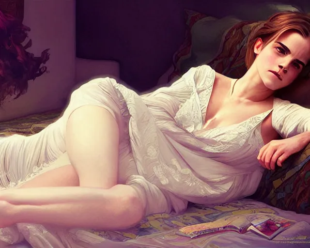 Image similar to Emma Watson lying on the bed in sleepwear, summertime, fantasy, intricate, elegant, highly detailed, digital painting, artstation, concept art, matte, sharp focus, illustration, hearthstone, art by Artgerm and Greg Rutkowski and Alphonse Mucha