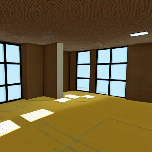 Image similar to empty 9 0 s office building with no windows doors or furniture in garry's mod, the building has brown carpet and yellow wallpaper