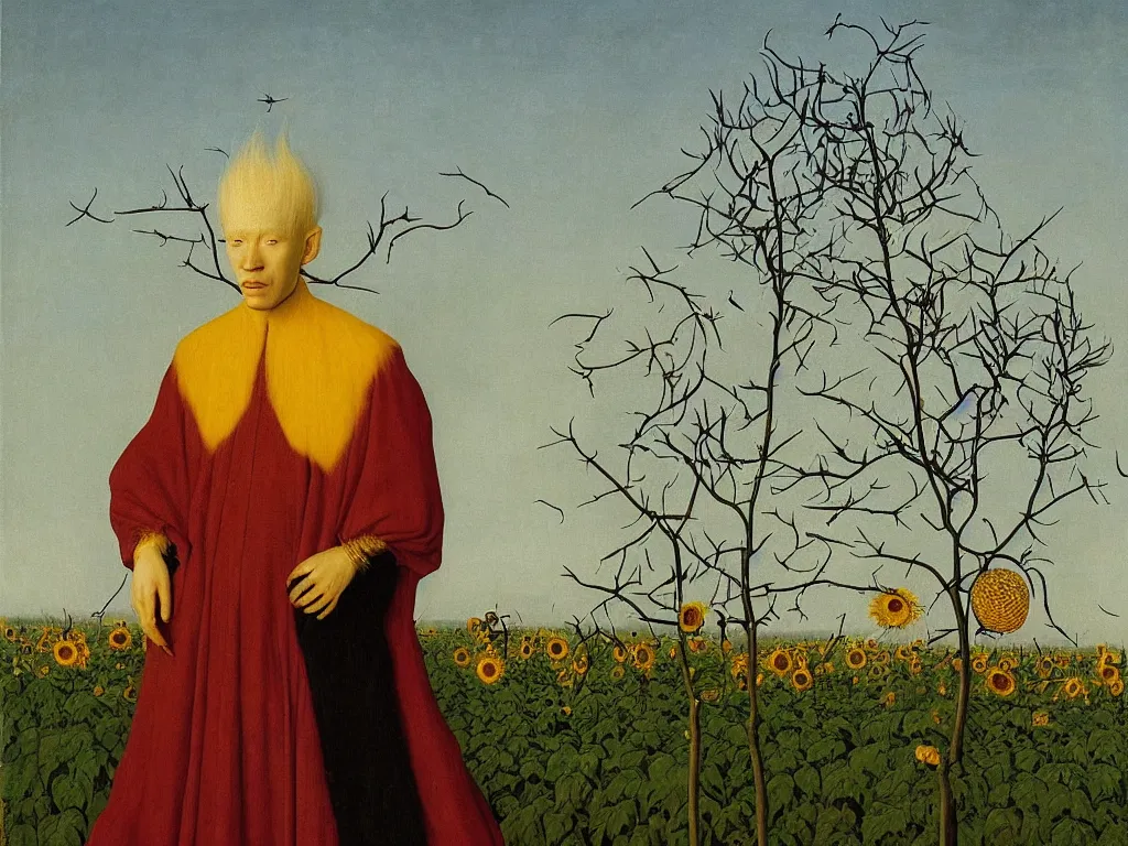 Image similar to Portrait of albino mystic, with wild exotic thorns, with burning sunflower field in the distance. Night. Painting by Jan van Eyck, Audubon, Rene Magritte, Agnes Pelton, Max Ernst, Walton Ford