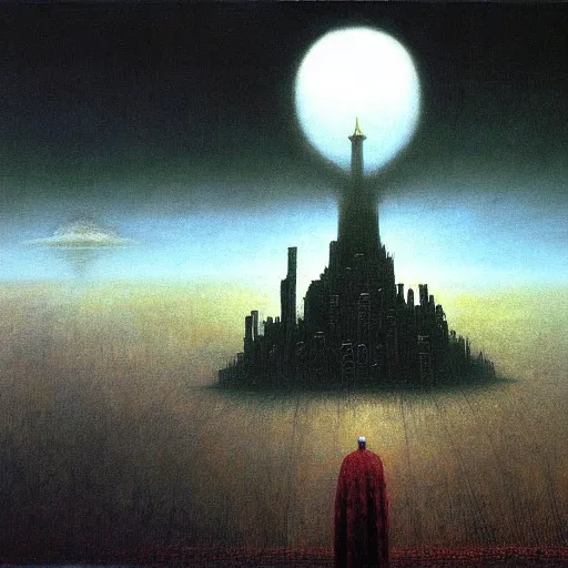 Prompt: a giant rabbi stands over a city painting by beksinski, barlowe colors. masterpiece painting