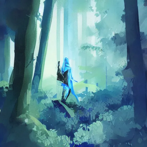 Image similar to medium shot painting of a blue - skinned wizard in a forest, by ismail inceoglu