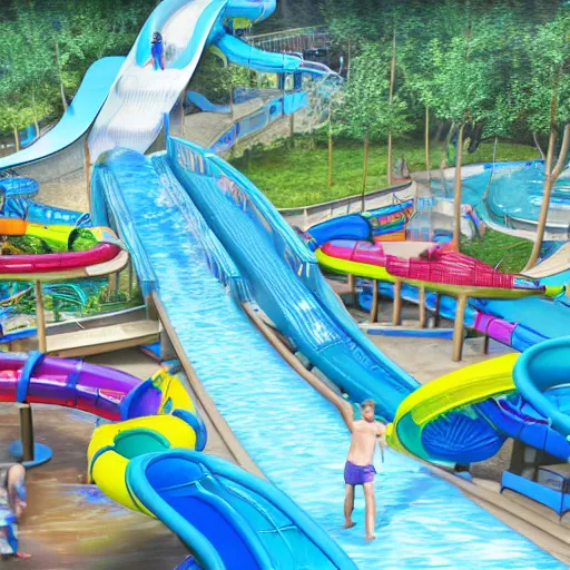 Image similar to flooded waterpark with water slides during hurricane, digital art, epic composition, highly detailed, cinematic lighting