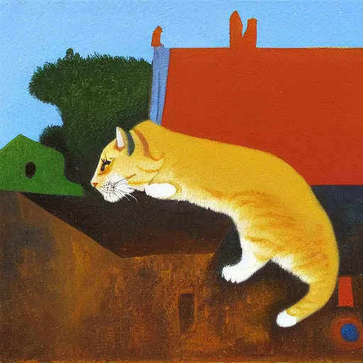 Prompt: golden cat with a black spot on her trunk, an old house with a window over a hill, blue sky, oil painting