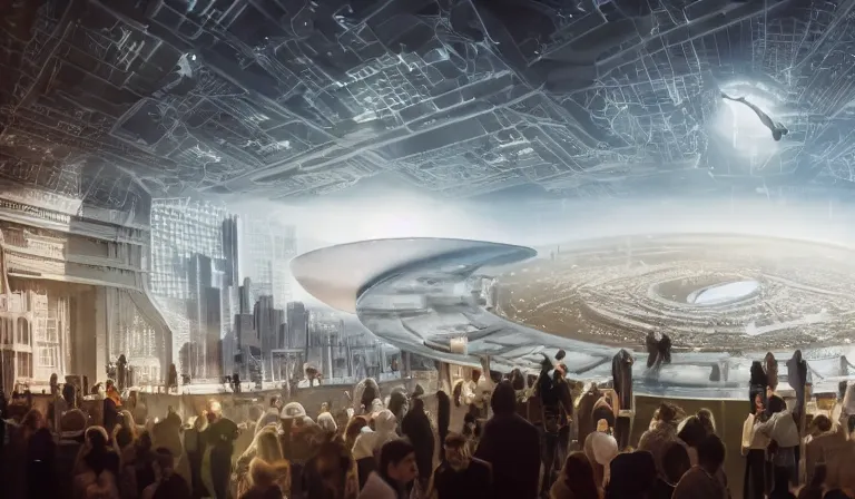 Image similar to crowd of people in simple white museum, looking at hologram of futuristic city on a circular table, cinematic concept art, godrays, golden hour, natural sunlight, 4 k, clear details, tabletop model buildings, center model buildings, hologram center, crane shot, crane shot, crane shot, white walls