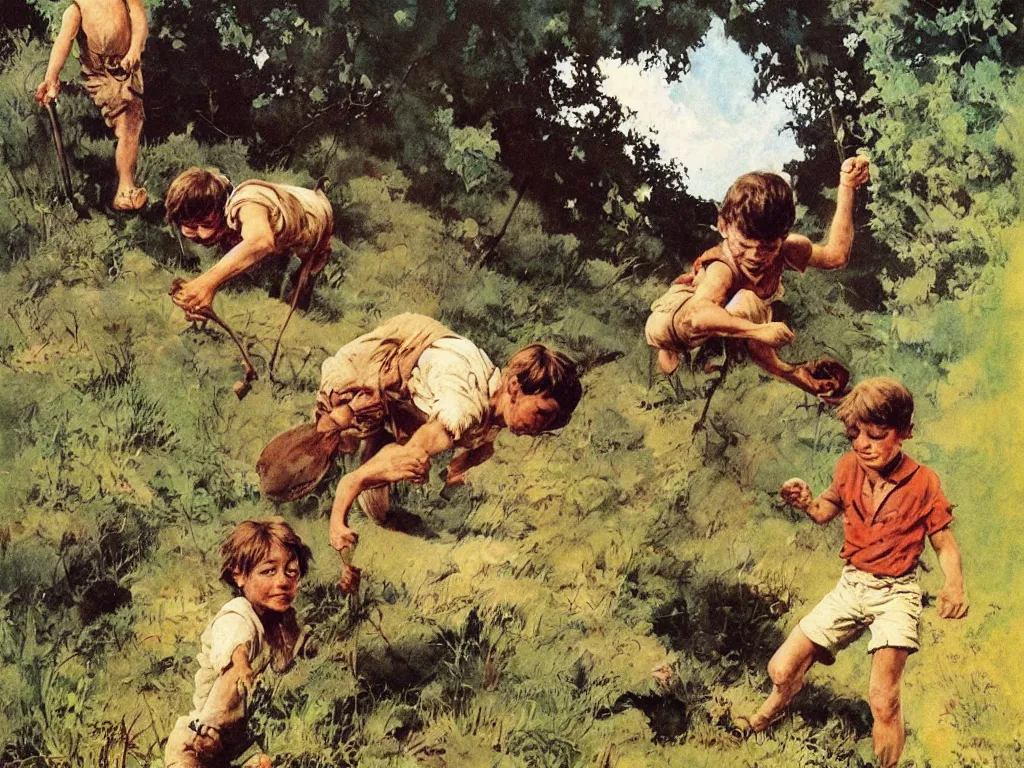 Prompt: the adventures of tom sawyer and huckleberry finn, illustrated by frank frazetta, playful, naturalistic, simple life, mississippi, colorful, landscape