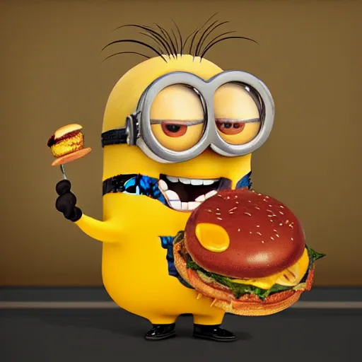 Image similar to an epic painting minion, really fat guy, eating burger, oil on canvas, perfect composition, golden ratio, beautiful detailed, photorealistic, digital painting, concept art, smooth, sharp focus, illustration, artstation trending, octane render, unreal engine