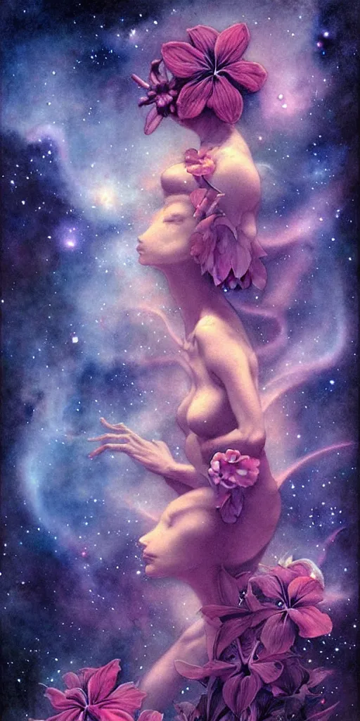 Image similar to tropical flowers, night sky background, nebula, beautiful! coherent! by brom, by brian froud, deep color, strong line, high contrast