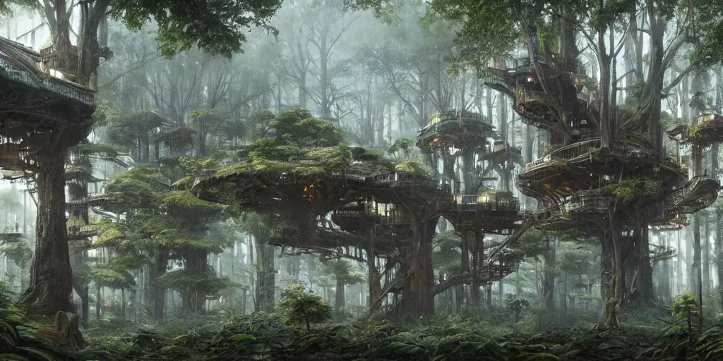 Image similar to a vast treehouse city built in an ancient forest, greg rutkowski, 8 k, shallow depth of field, intricate detail, concept art,