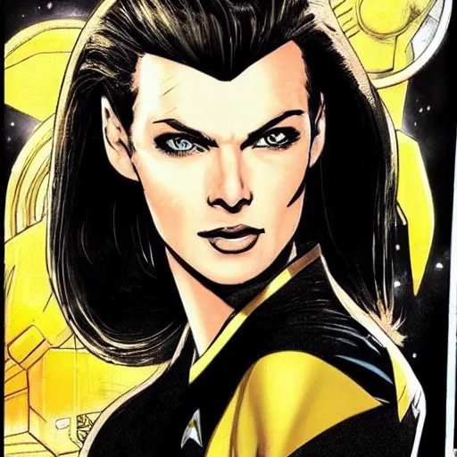 Image similar to rebecca romijn as number one, star trek strange new worlds, dark-hair, yellow and black uniform, intricate, elegant, highly detailed, smooth, sharp focus, full body, detailed face, high contrast, graphic novel, art by Ardian Syaf and Pepe Larraz,