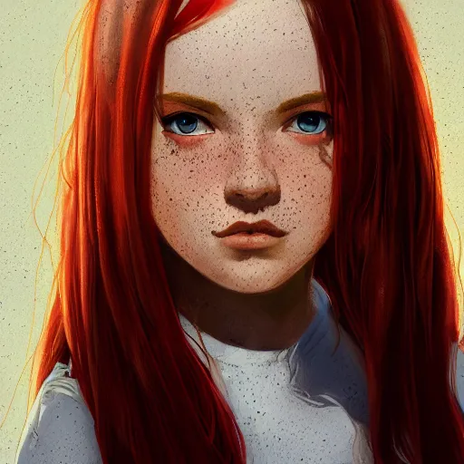 Image similar to portrait of a teen girl with freckles with long red hair and bright brown eyes, 8 k, highly detailed, digital painting, artstation, sharp focus, illustration