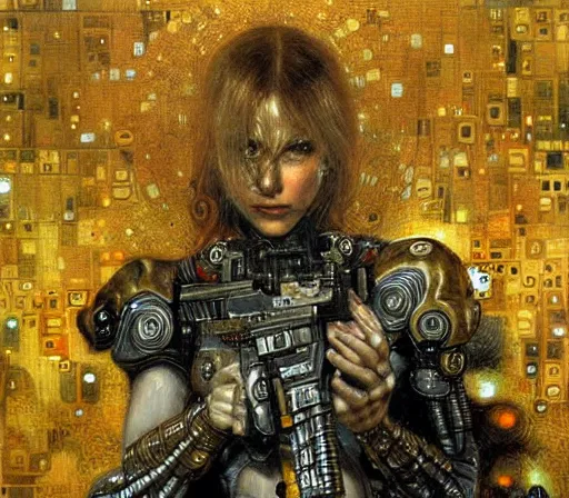 Image similar to cybernetic female supersoldier armed with laser rifle battling demon, intricate detail, klimt, royo, whealan,