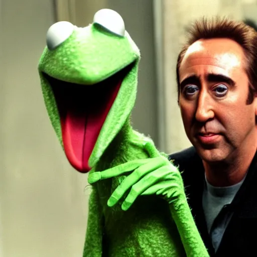 Image similar to an emaciated nic cage playing kermit the frog on sesame street, hd digital photography