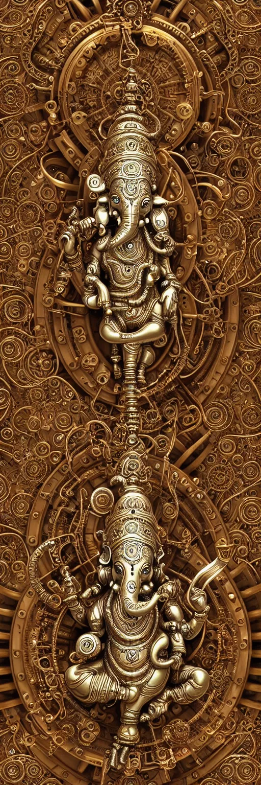 Image similar to seamless pattern of steampunk cybernetic biomechanical hindu god ganesha, 3 d model, very coherent symmetrical artwork, unreal engine realistic render, 8 k, micro detail, gold white plastic and steel intricate, elegant, highly detailed, digital painting, artstation, smooth, sharp focus, illustration, artgerm, tomasz alen kopera, wlop