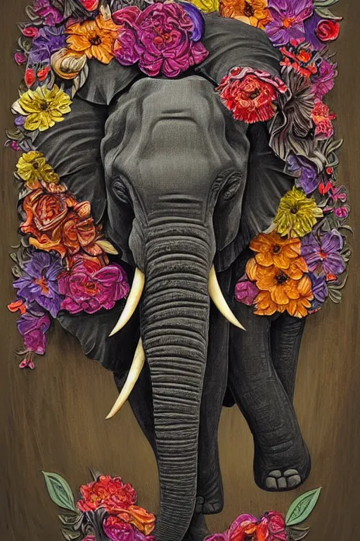 Image similar to Painted dark-wood relief carving of a Flowerpunk Matriarch Elephant, explosion of colorful flowers, dark wood, intricately carved, black ink, festival of rich colors, intricate details, cinematic lighting, volumetric lighting, backlit, post-processing, by andreas rocha and john howe, and Martin Johnson Heade, featured on artstation, featured on behance, golden ratio, ultrawide angle, hyper detailed, photorealistic, epic composition, wide angle, f32, well composed, UE5, 8k