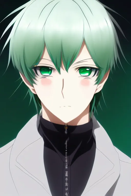 Image similar to anime art full body portrait character concept art, anime key visual of elegant young male, platinum white straight bangs and large green eyes, finely detailed perfect face delicate features directed gaze, trending on pixiv fanbox, studio ghibli, extremely high quality artwork