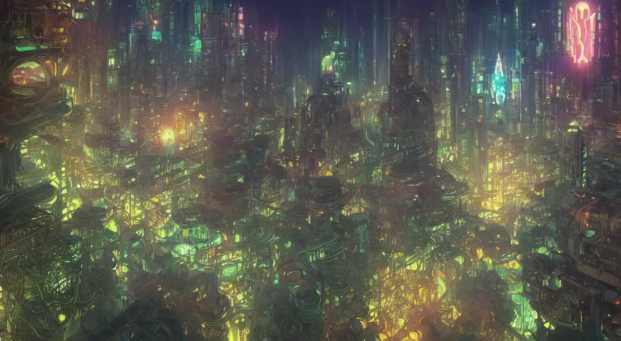 Image similar to a futuristic cityscape at night, with greenery, trees, flowers, neon lighting by Alfons Maria Mucha and Julie Dillon and Makoto Shinkai