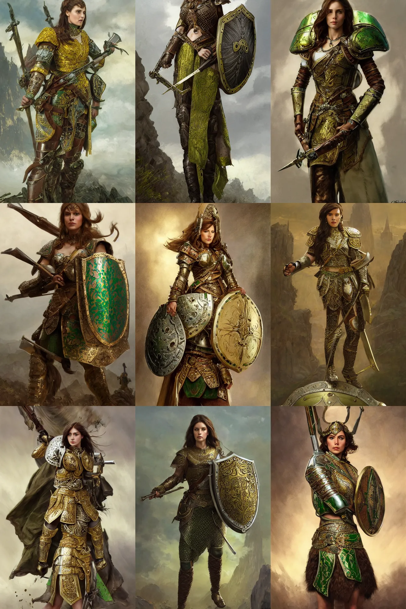 Prompt: full body portrait of a rugged female warrior medium length brown hair and a very highly detailed face wearing elegant white, green and gold plate mail armor intricately painted, holding a tower shield and flintlock pistol, very highly detailed, artstation, cgsociety, realistic character concept art, sharp focus, by greg rutkowski, and alphonse mucha