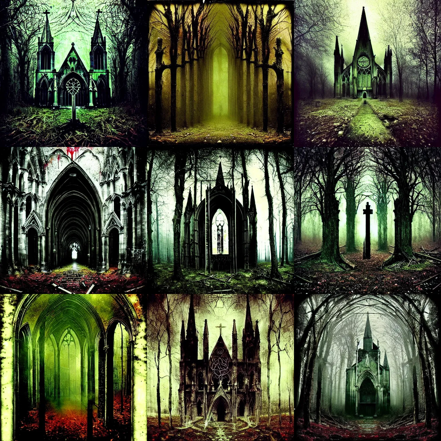 Prompt: dark ambient album cover, a cathedral, dark woods, asymetrical design, magic, apocalypse, occult, magic, artur bordalo