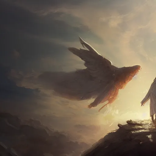 Image similar to the son of god is coming In the clouds with his angels , artstation, Greg rutkowski, cinematic, digital Art