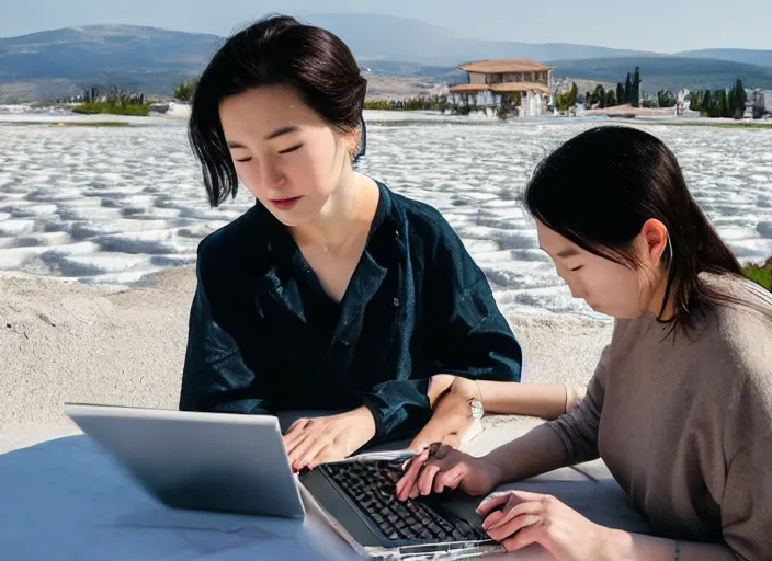 Image similar to Lee Jin-Eun hacking a laptop at Pamukkale by WLOP, rule of thirds, seductive look, beautiful, masterpiece, Refined
