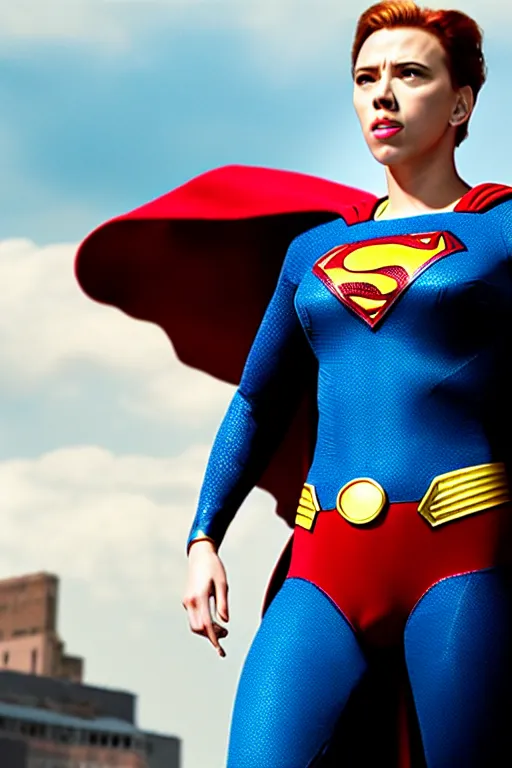 Image similar to 4 k film still, scarlett johansson as superman, 2 6 mm