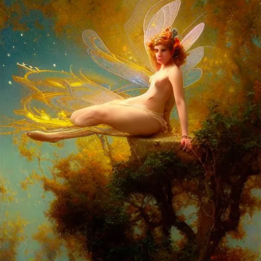 Image similar to attractive fairy magically floating high in the night, fantasy, full moon in background. highly detailed painting by gaston bussiere, craig mullins, j. c. leyendecker, sharp focus, 8 k