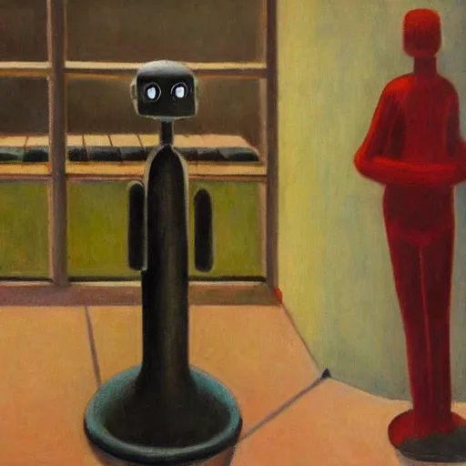 Prompt: robot bishop guards, human prisoners, brutalist supermax prison facility, end times, grant wood, pj crook, edward hopper, oil on canvas