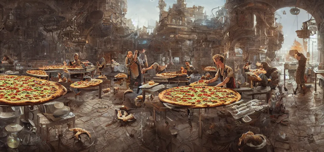 Image similar to the discovery of pizza, scientific, tools, happy chef, intricate, hyper detailed, 8k, james gurney, greg rutkowski, john howe, artstation