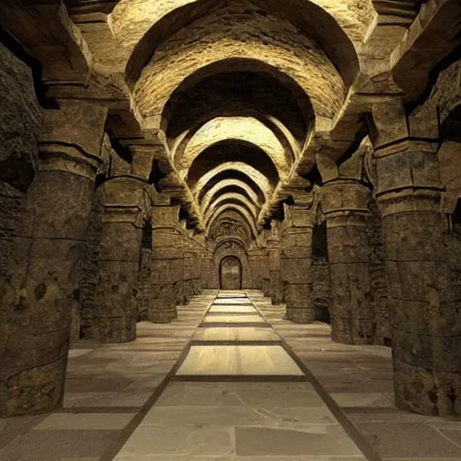 Image similar to The Great Hall of a Dwarven underground city with gigantic pillars, sconces, intricate details, stone carvings, epic, grandiose, awe inspiring, the mines of Moria, dwarven architecture, inlaid with gold W- 1024