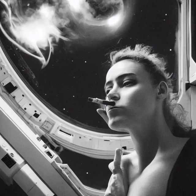 Image similar to a woman smoking a cigarette in a space station with a view of earth through a window