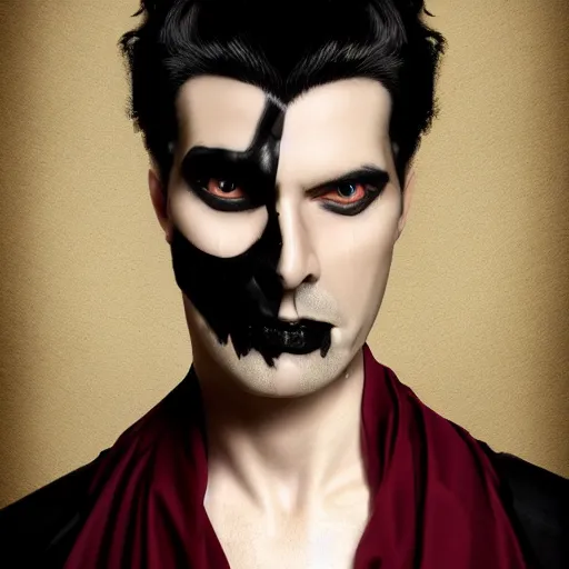 Image similar to a vampire, male, late - 4 0 s aged, long, slicked black hair, clean shaven, wearing a cape, regal, royal, grim facial expression, high medieval fantasy, full color digital art, cinematic shot, full body shot.