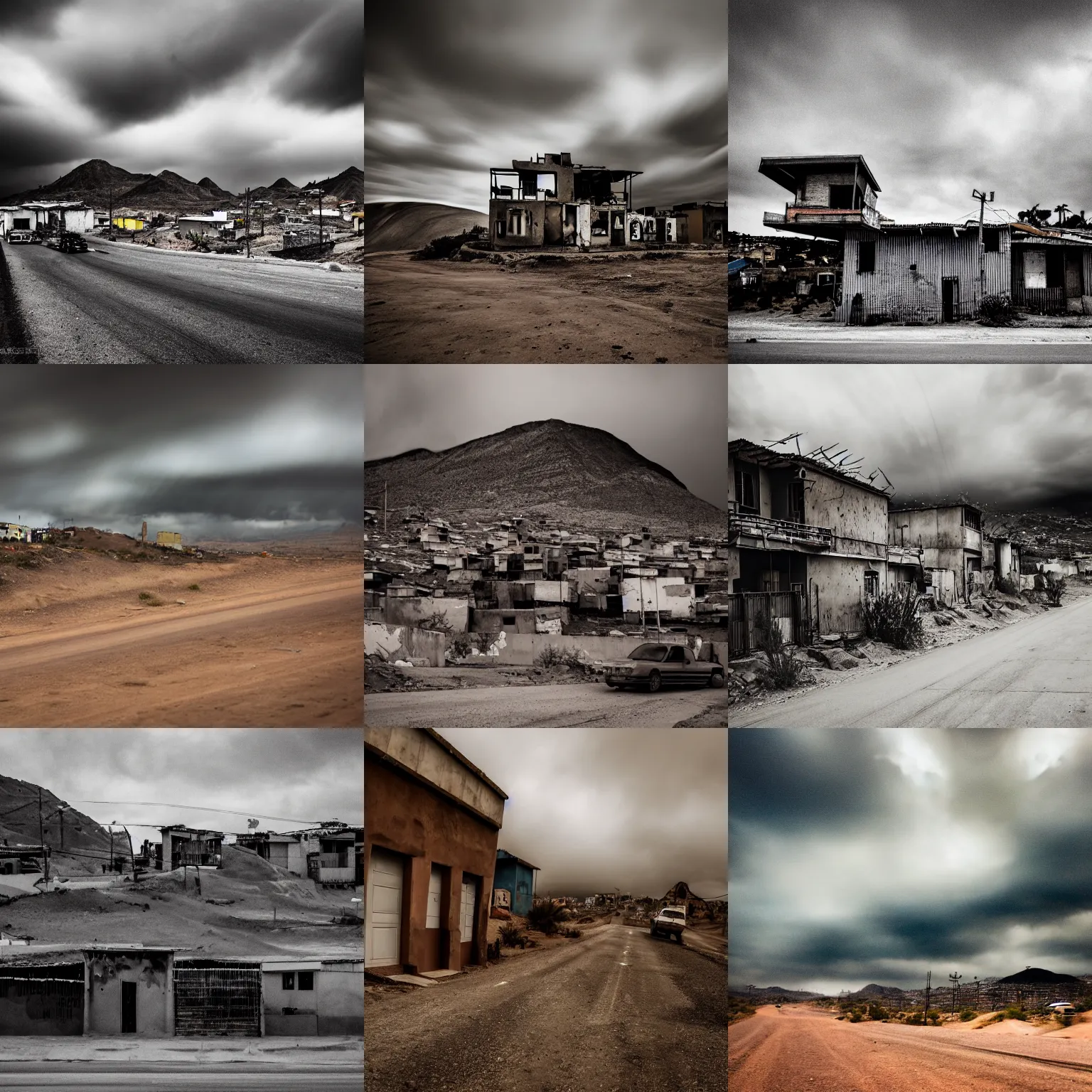 Prompt: travel photography, driving past a favelas house made of scrap metal and scrap wood in the desert of a gloomy alien world, motion blur, ominous skies